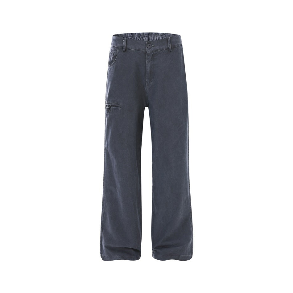 Full-length front view of dark charcoal wide-leg pants with a button waist and a small thigh pocket.