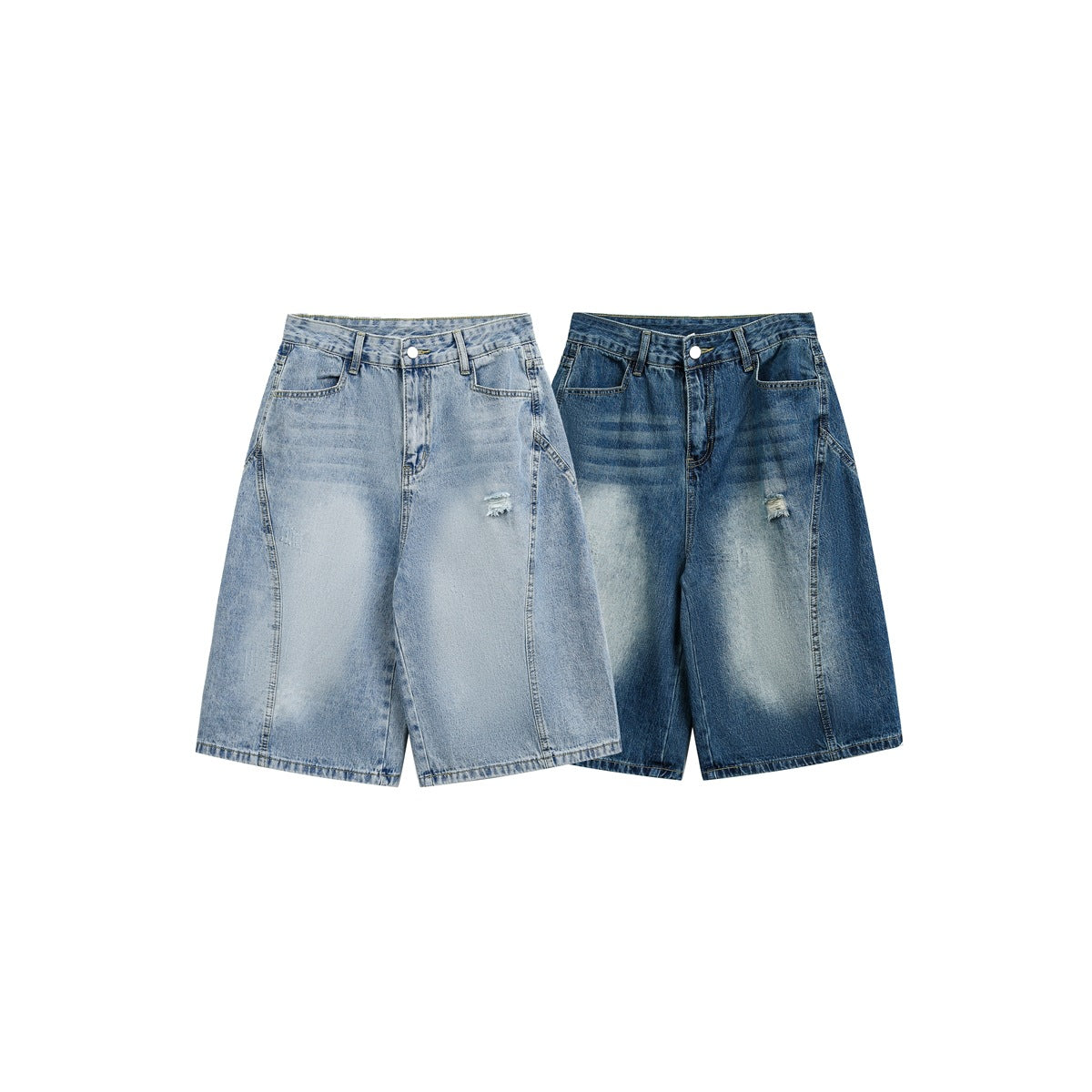 Front view of two pairs of loose denim shorts in light and dark blue washes, each with a small distressed detail.