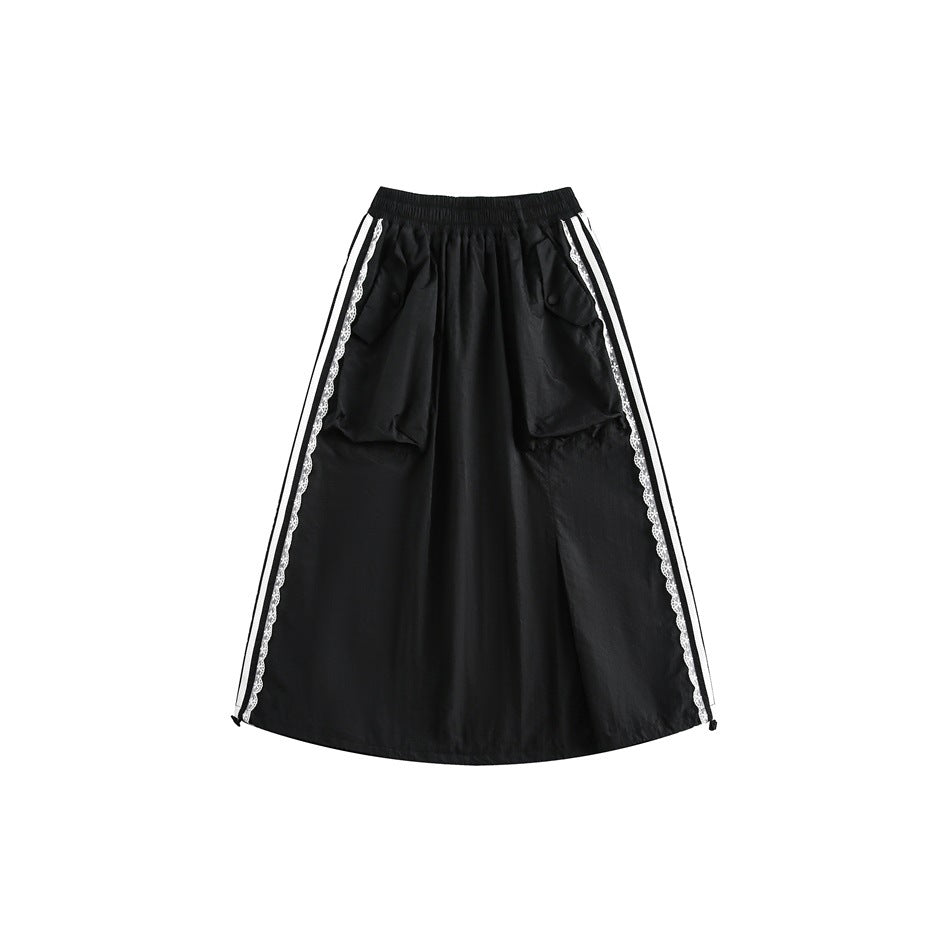 Black midi A-line skirt with white side stripes, lace trim, front flap pockets and drawstring hem on white background