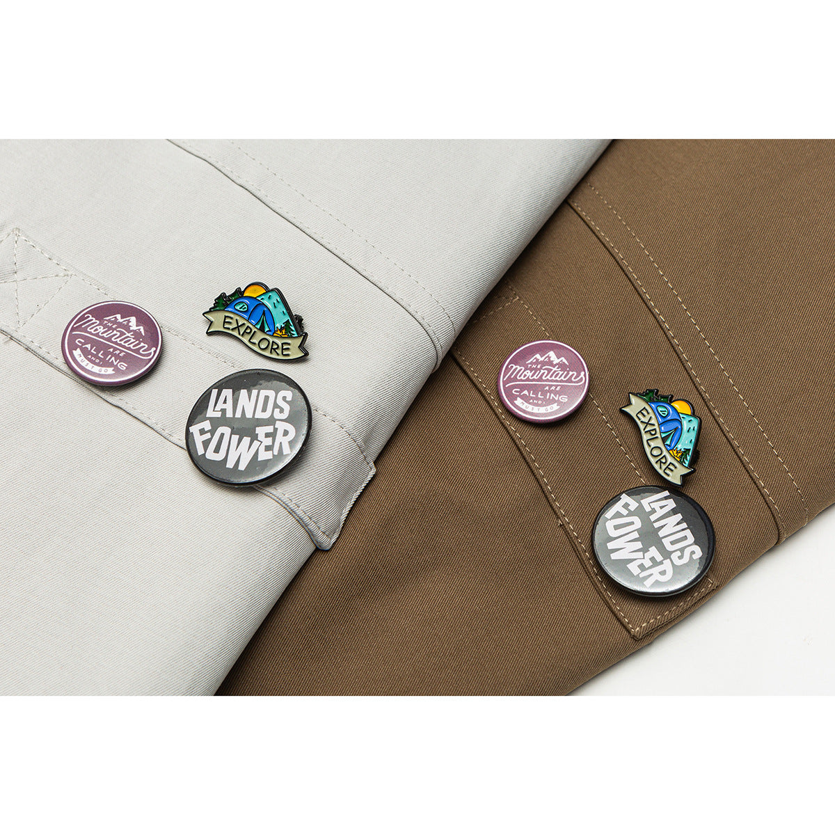 Close-up of beige and brown jacket pockets with colorful English-text pins attached.