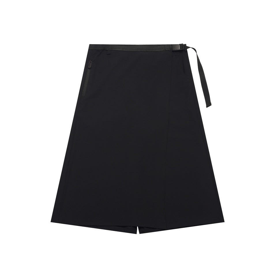 Black wrap-style A-line midi skirt with black buckle belt and side zip pocket, flat view