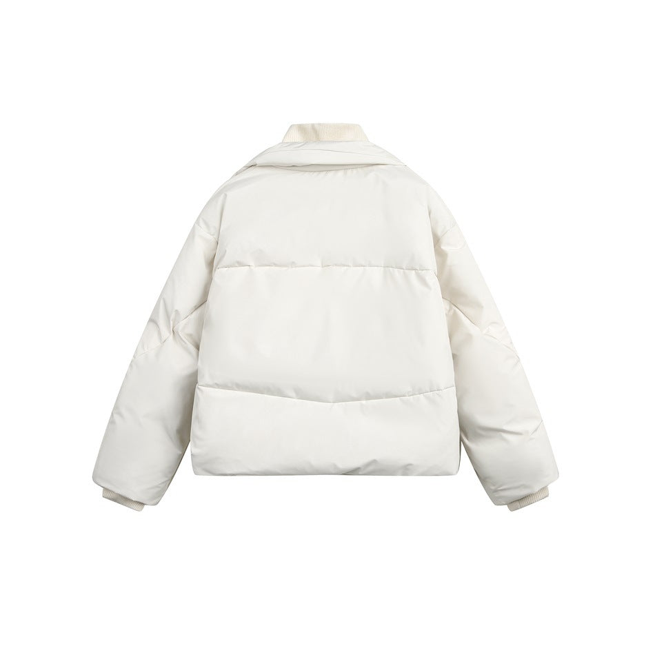 Flat rear view of an ivory padded jacket with horizontal panels, a knit collar, and ribbed cuffs.