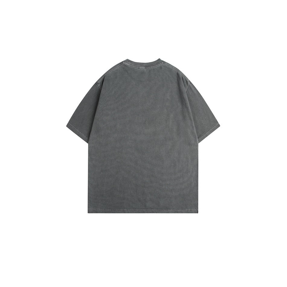 Back view of a plain charcoal gray short-sleeve T-shirt.