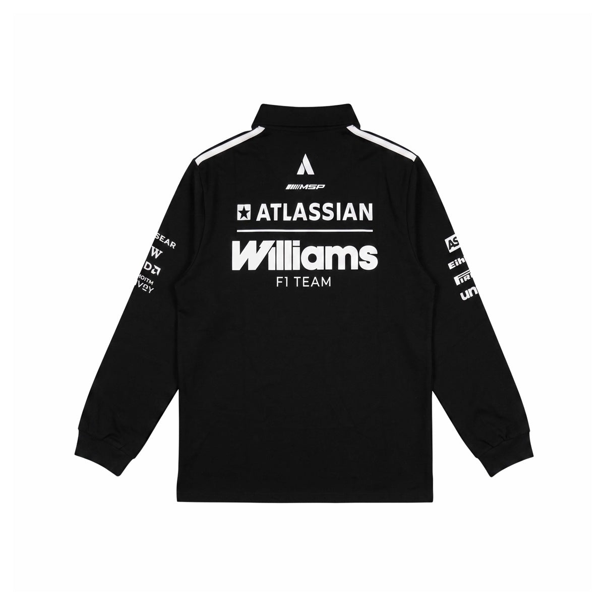 Back of black long-sleeve polo with large white ATLASSIAN Williams F1 TEAM print and sleeve logos