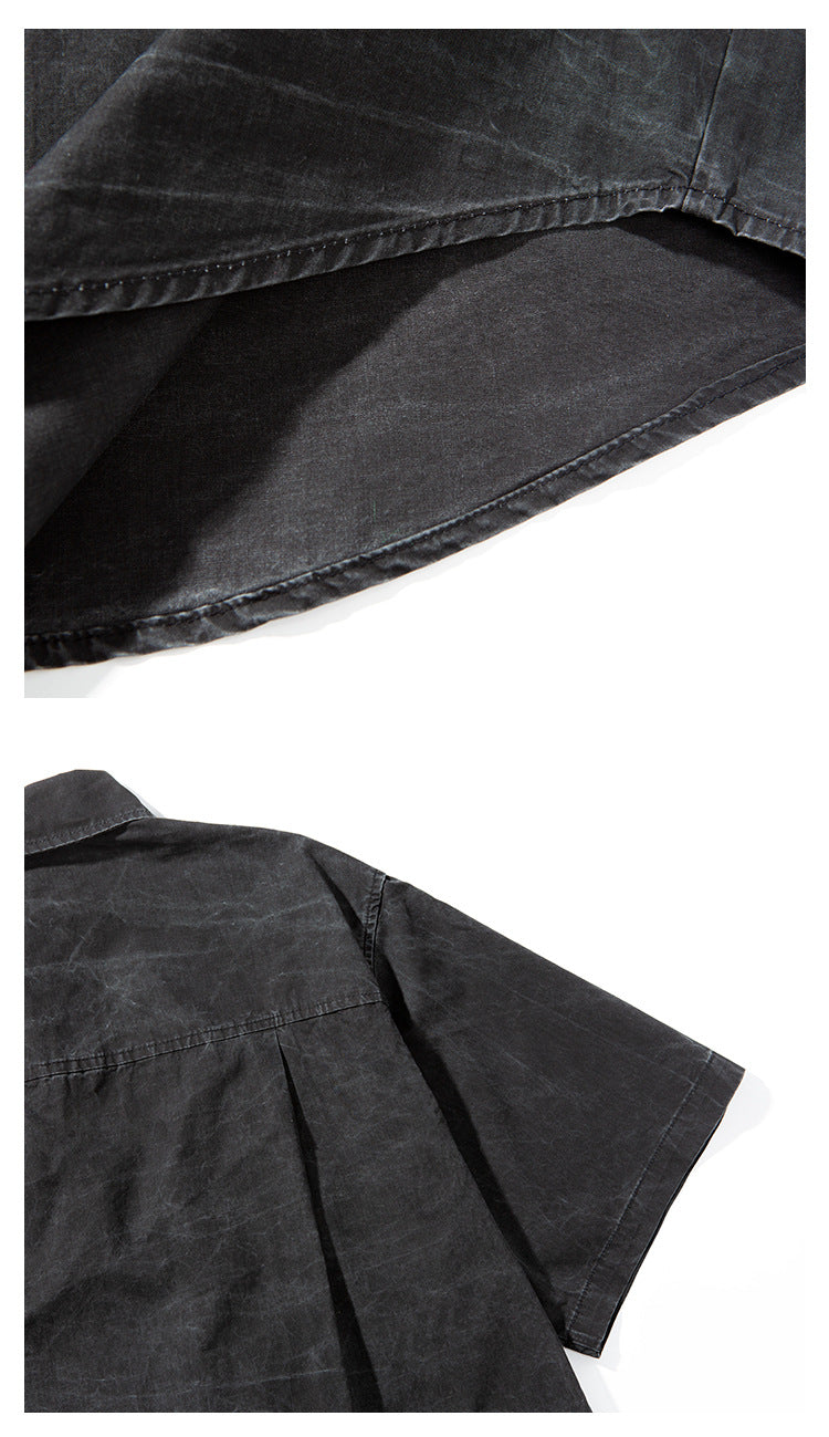 Close-up collage showing the charcoal shirt's hem stitching and rear shoulder with short sleeve.