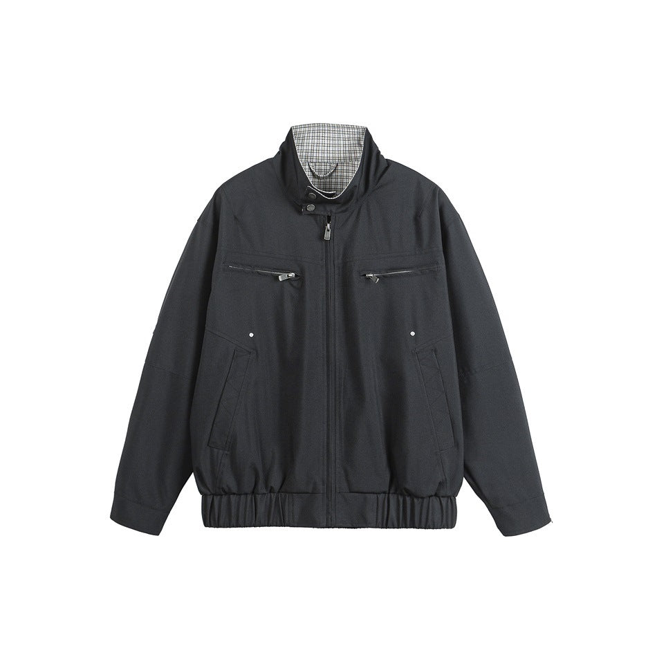 Black stand-collar zip jacket with chest zip pockets, slanted pockets and elastic hem, front flat view