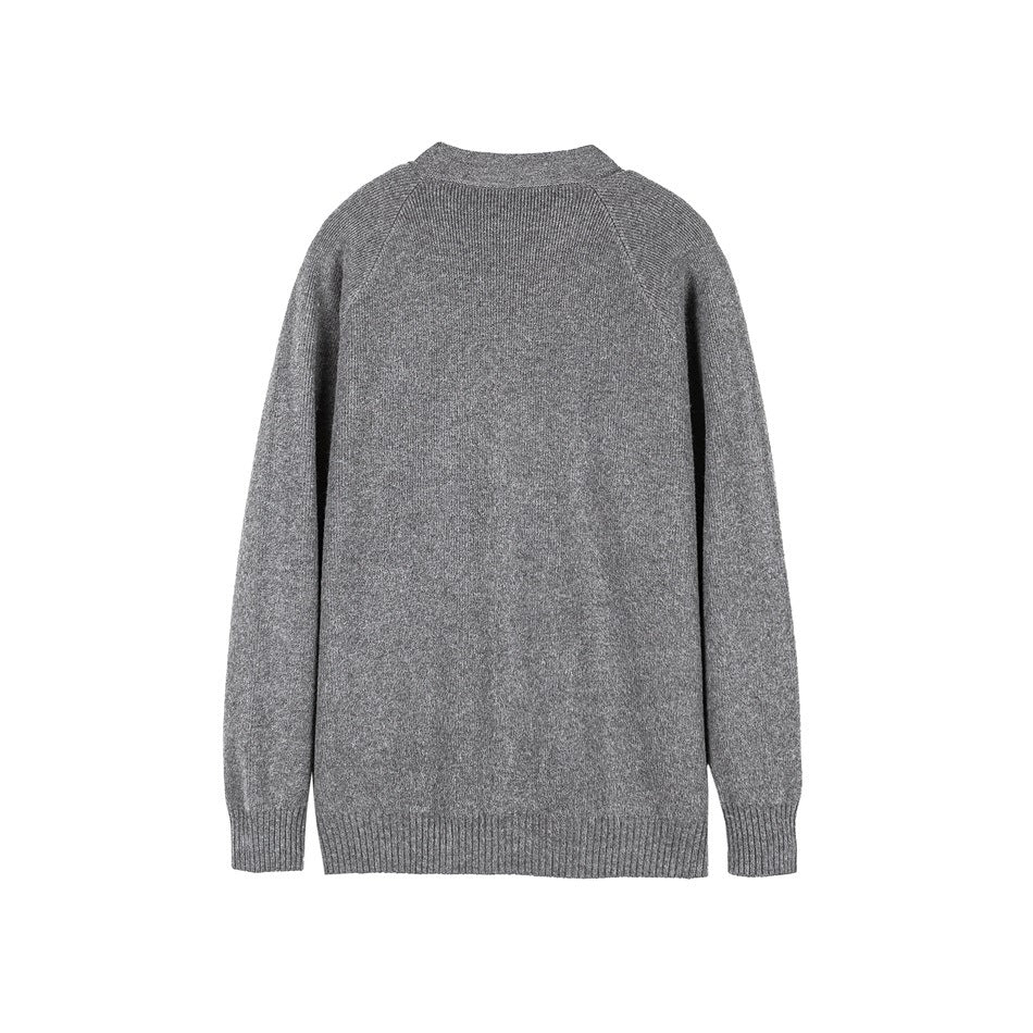 Back view of a gray knit cardigan with raglan seams, long sleeves, and ribbed cuffs and hem.