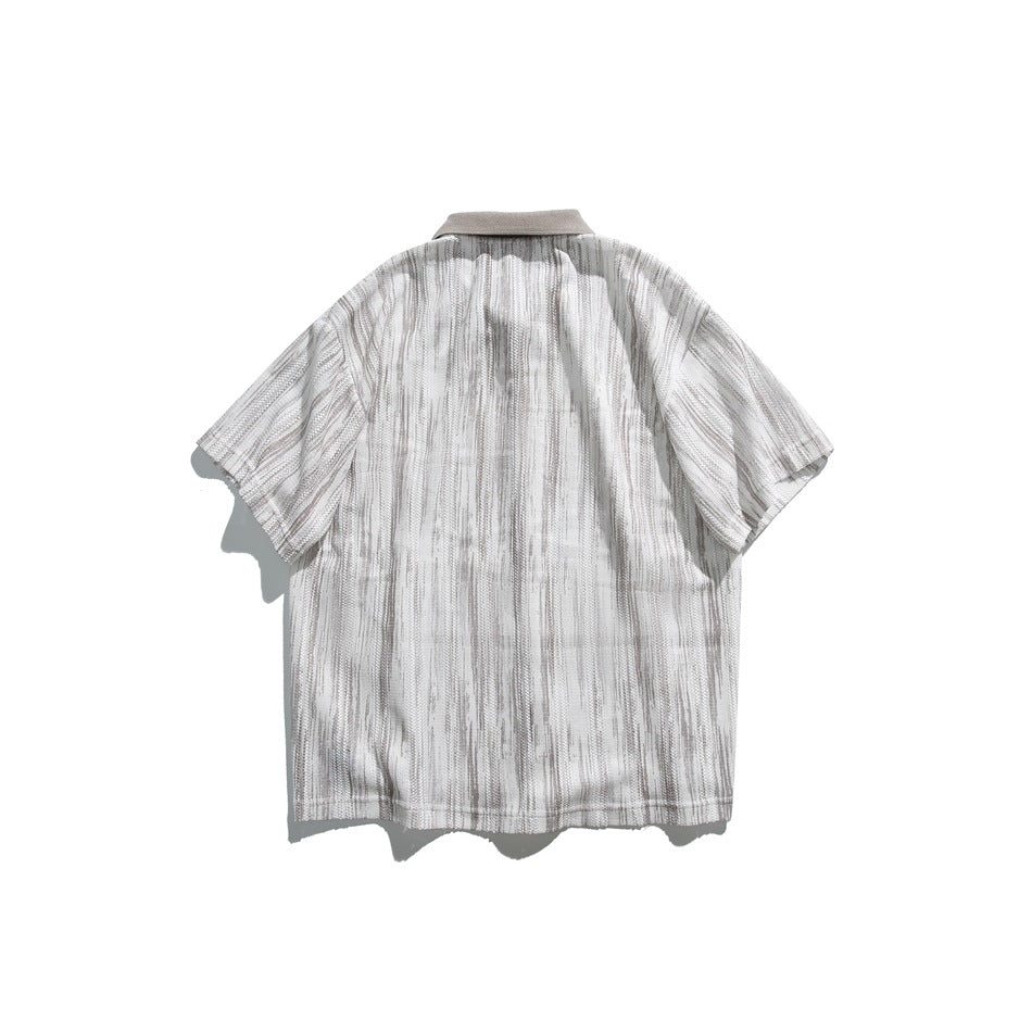 Back view of a short-sleeve shirt with cream and taupe vertical stripes and a taupe collar.