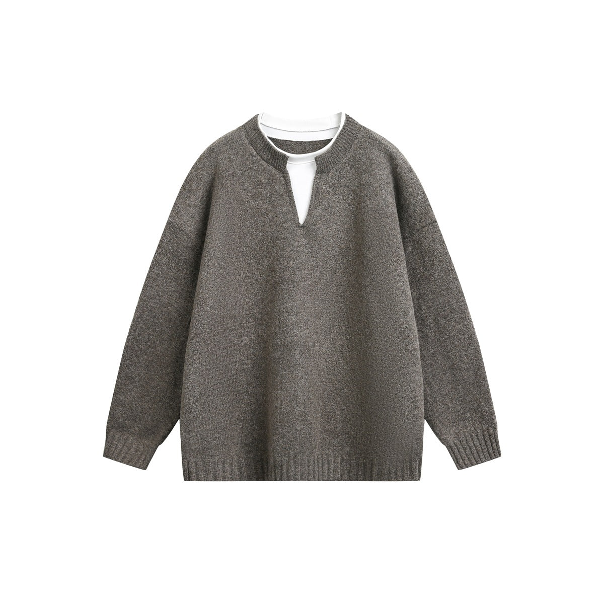 Brown-gray knit pullover sweater with notched V neckline and white layer at the collar, flat front view