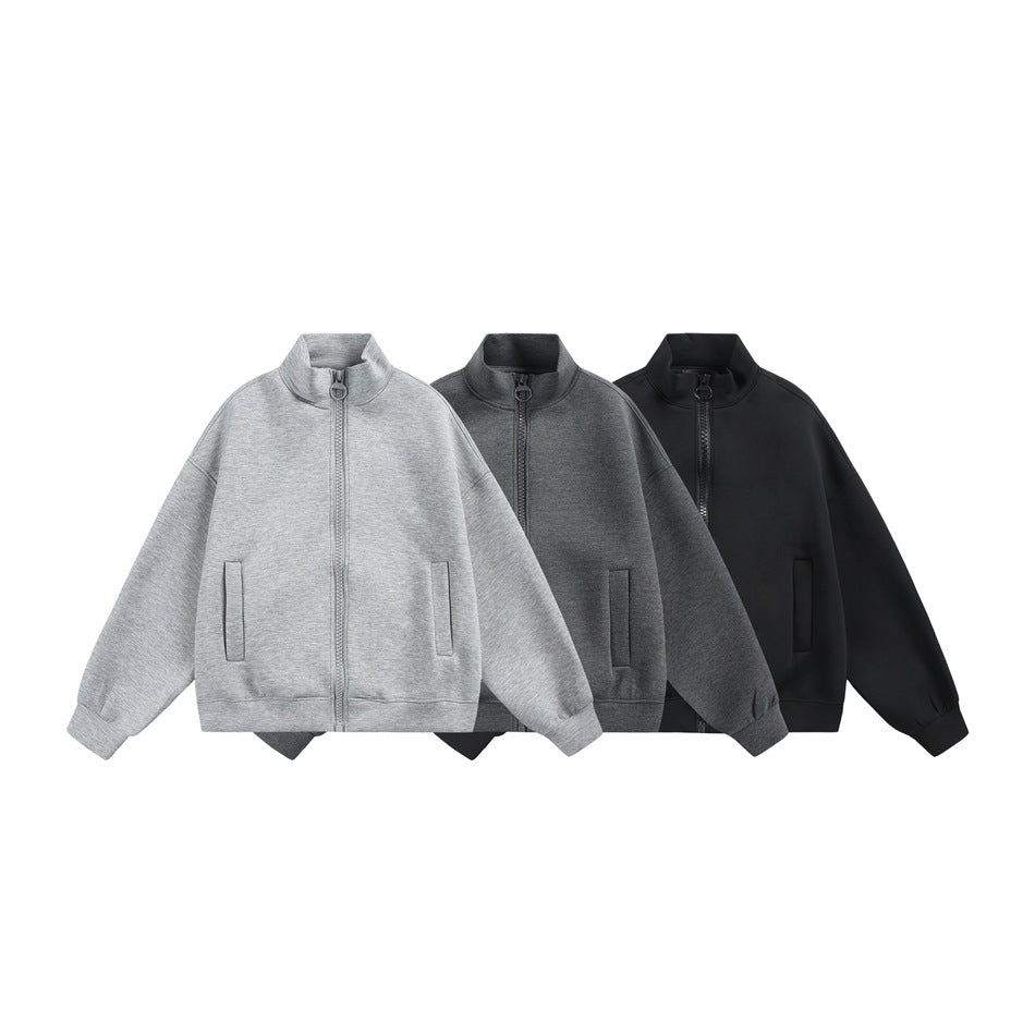 Three front-facing zip-up jackets with stand collars and pockets in light gray, dark gray, and black.