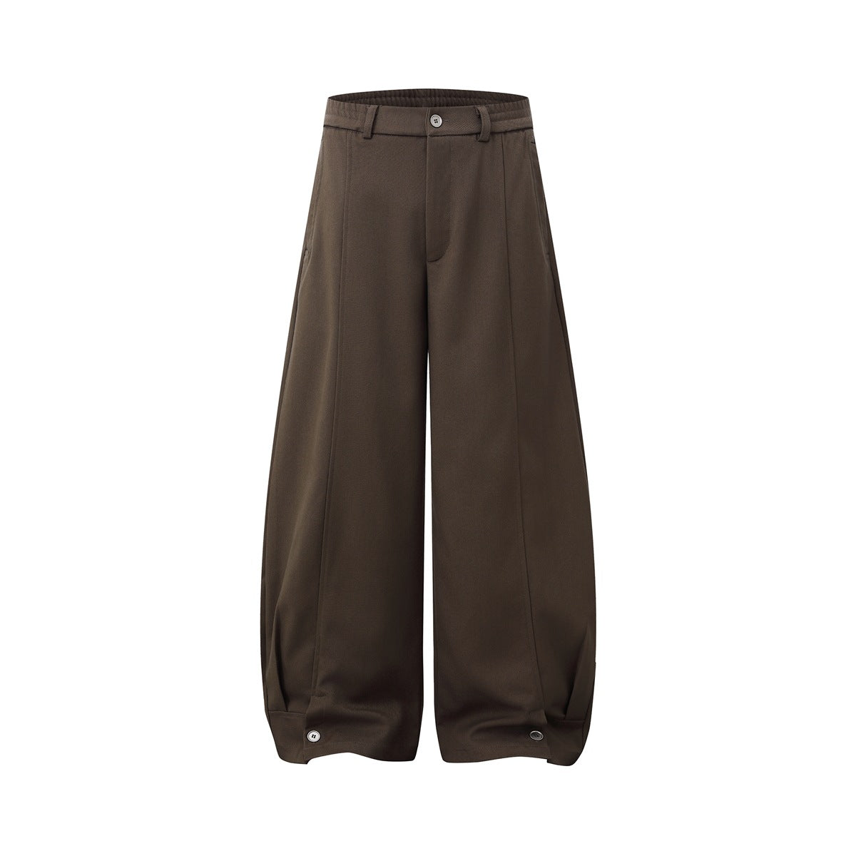 Brown wide-leg trousers with front button fly, front seams and button tabs at the gathered hems, front view