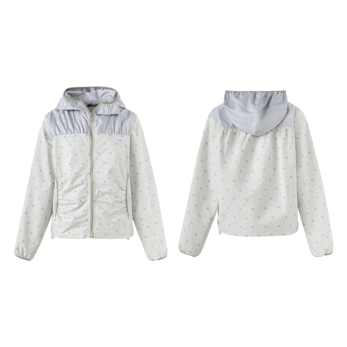 Off-white tiny-print hooded zip jacket shown from the front and back, with pale gray panels and a full front zipper.