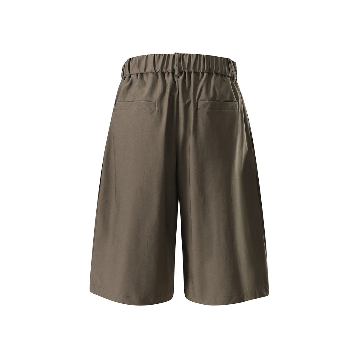 Back view of taupe wide-leg shorts with an elasticized waistband and two welt pockets.