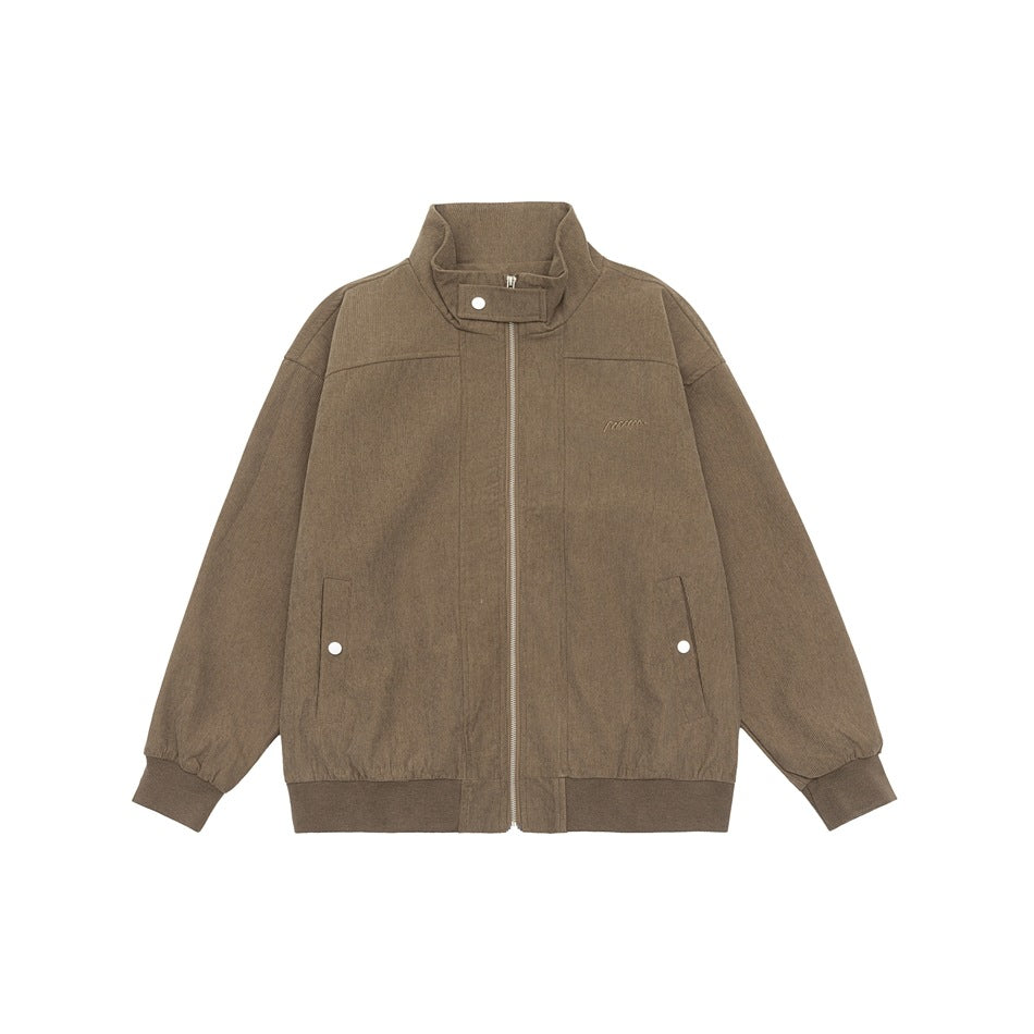 Khaki stand-collar zip jacket with ribbed cuffs and hem, flat front view
