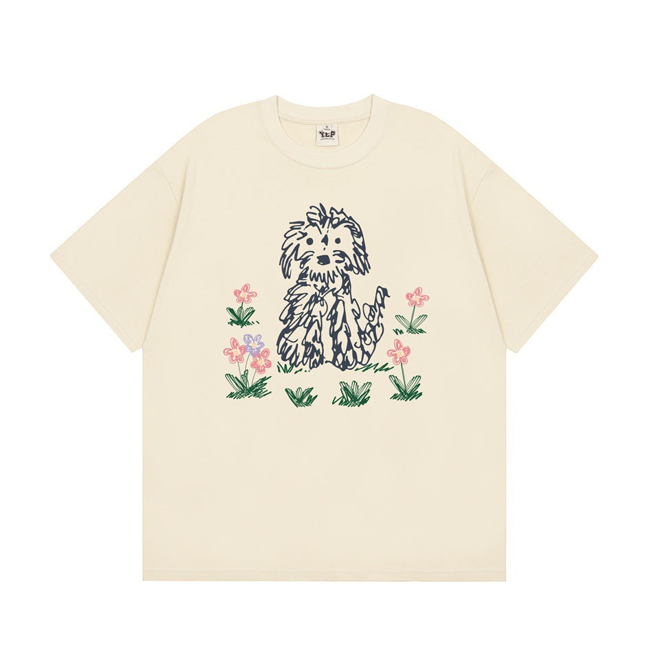 Apricot short-sleeve crew-neck T-shirt with a scribble-style dog and pink flower graphic on the front