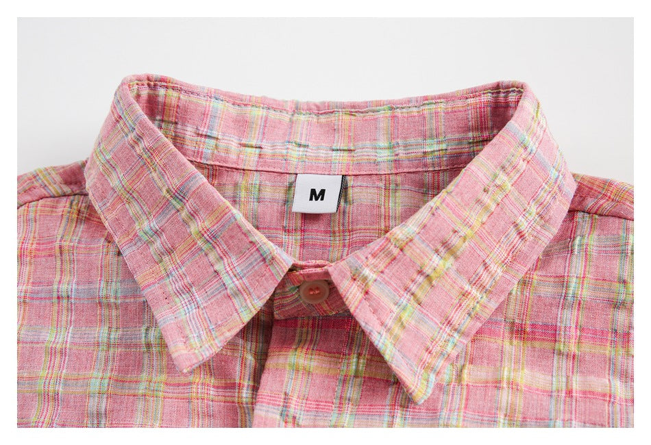 Close-up of the pink plaid shirt collar, button, and visible size M neck tag.
