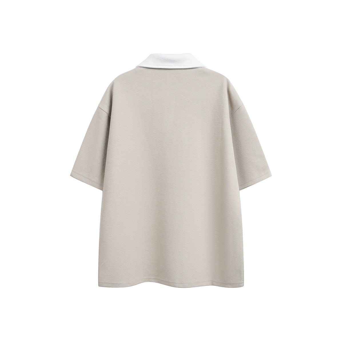 Back view of apricot beige short-sleeve polo top with white collar and dropped shoulders