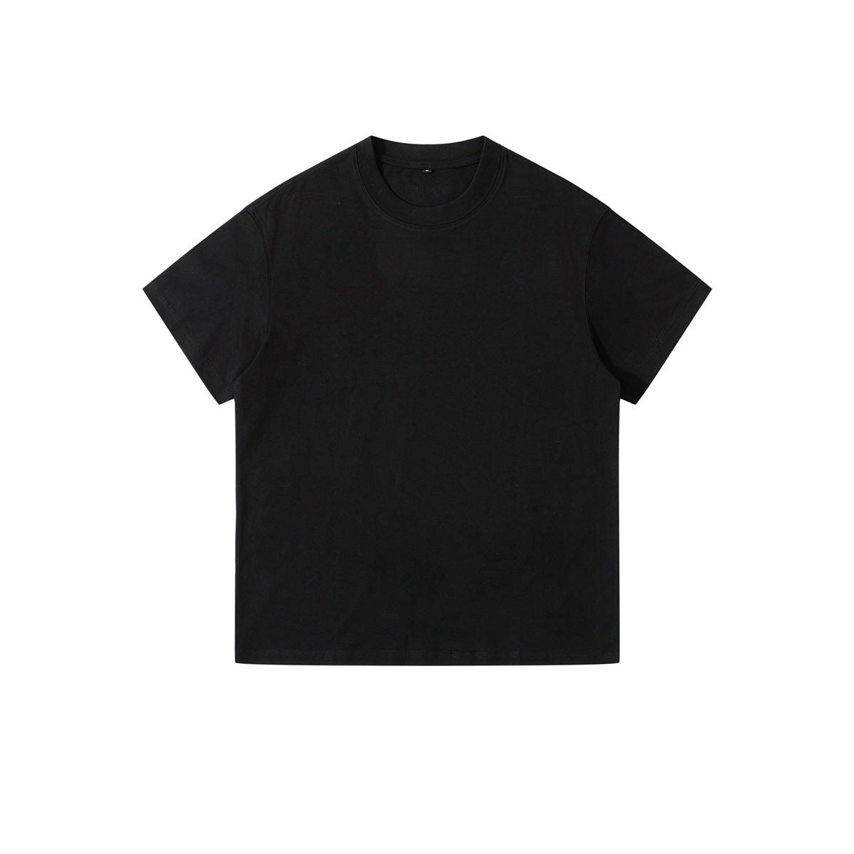 Black short-sleeve crew neck T-shirt, flat front view