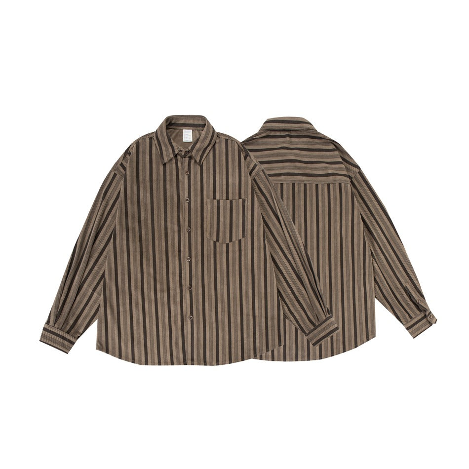 Brown and black striped button-up shirt shown from the front and back, with a chest pocket and long sleeves.