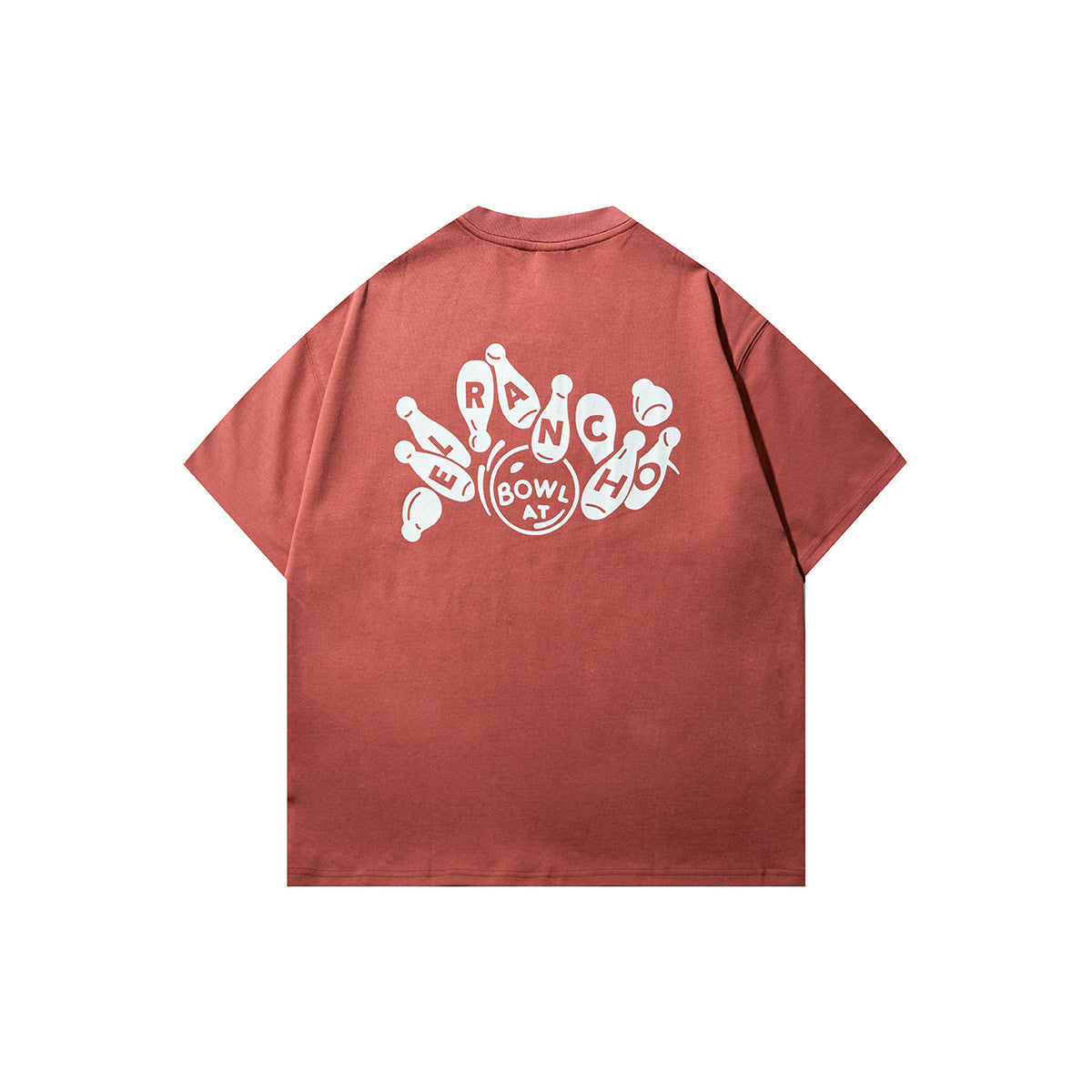 Red short-sleeve T-shirt back with white bowling pin and Bowl At graphic print