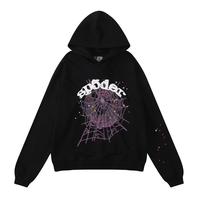 The Sp5der Web Hoodie – Black 440GSM Heavyweight Core Streetwear Edition features a purple spider web graphic, "spider" in white, and colorful dots on the front and one sleeve for standout street style.