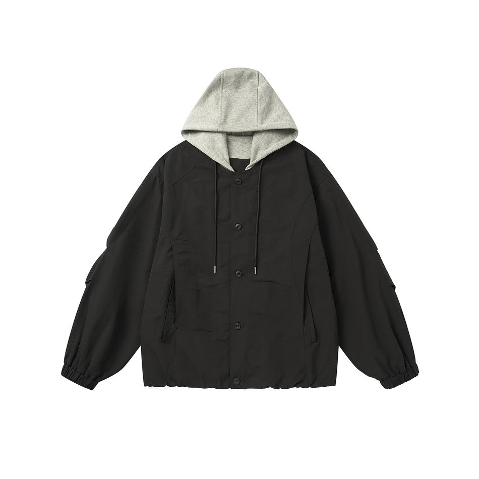 Black button-front jacket with gray jersey hood, drawstrings, elastic cuffs and sleeve details, flat lay