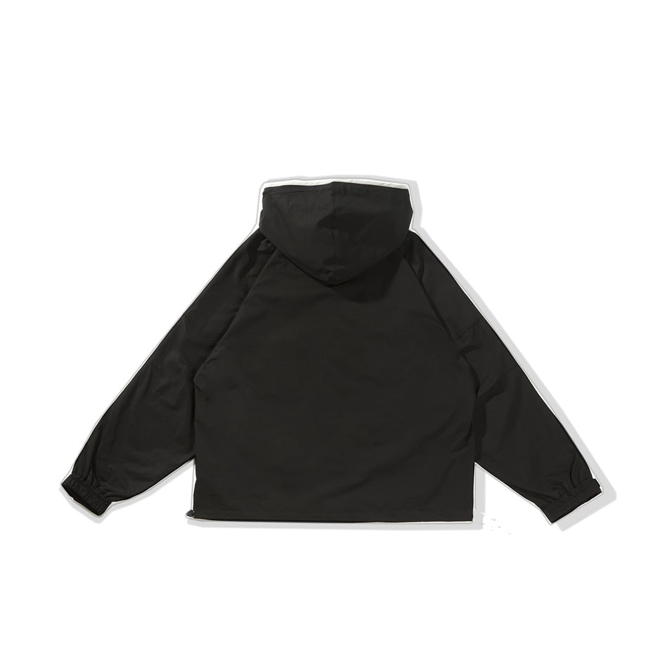 Black hooded jacket shown from the back, laid flat against a white background.