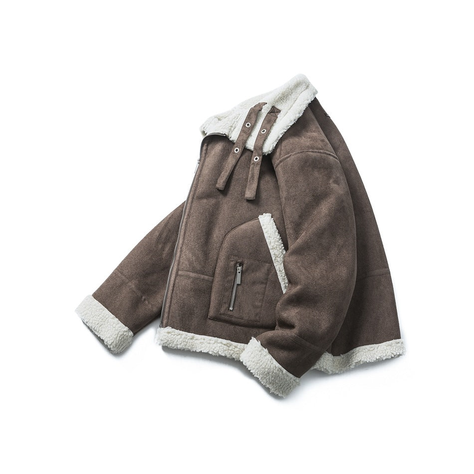 Angled front view of a brown shearling-style jacket with cream fleece trim, a zip front, hood, and zip pocket.