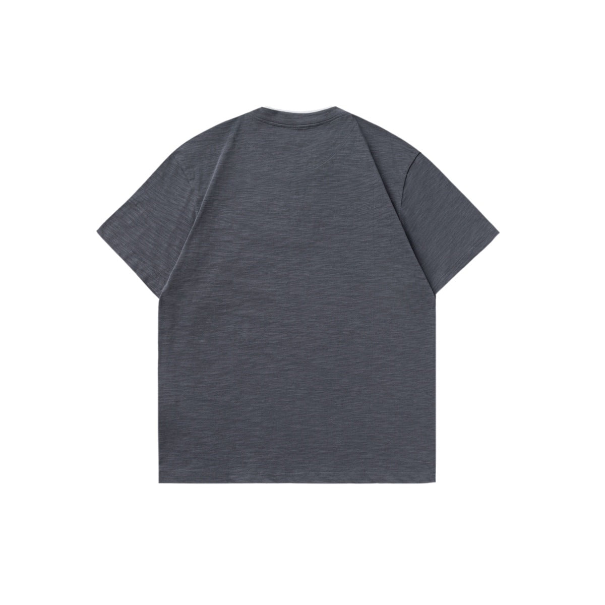 Back view of a plain charcoal short-sleeve shirt with a crew neckline.