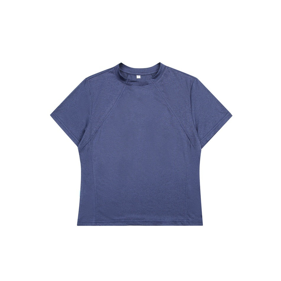 Blue short-sleeve crew-neck T-shirt with raglan seams and side panel seams, flat lay