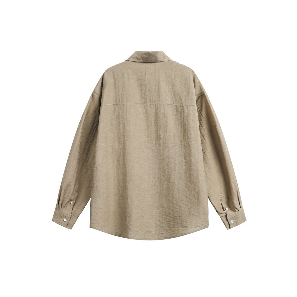 Back view of a taupe long-sleeve button-up shirt with a back yoke and button cuffs, shown flat.