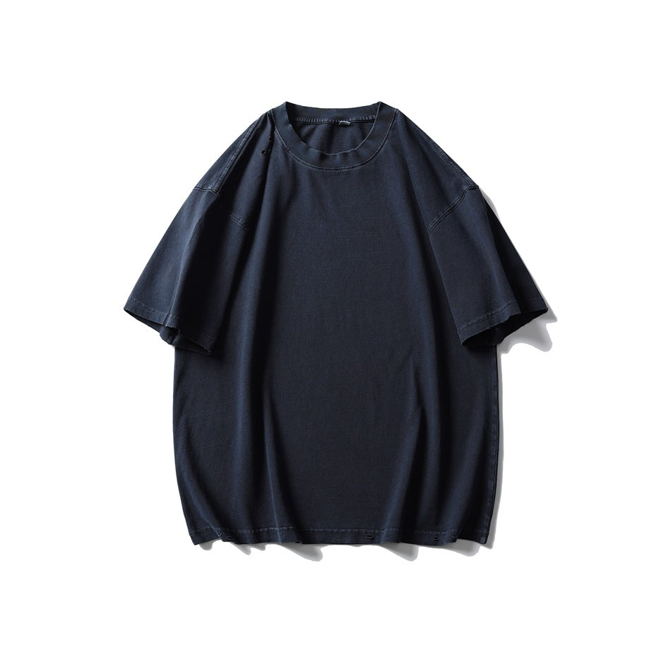 Navy blue distressed short-sleeve crew-neck T-shirt, flat front view on white background
