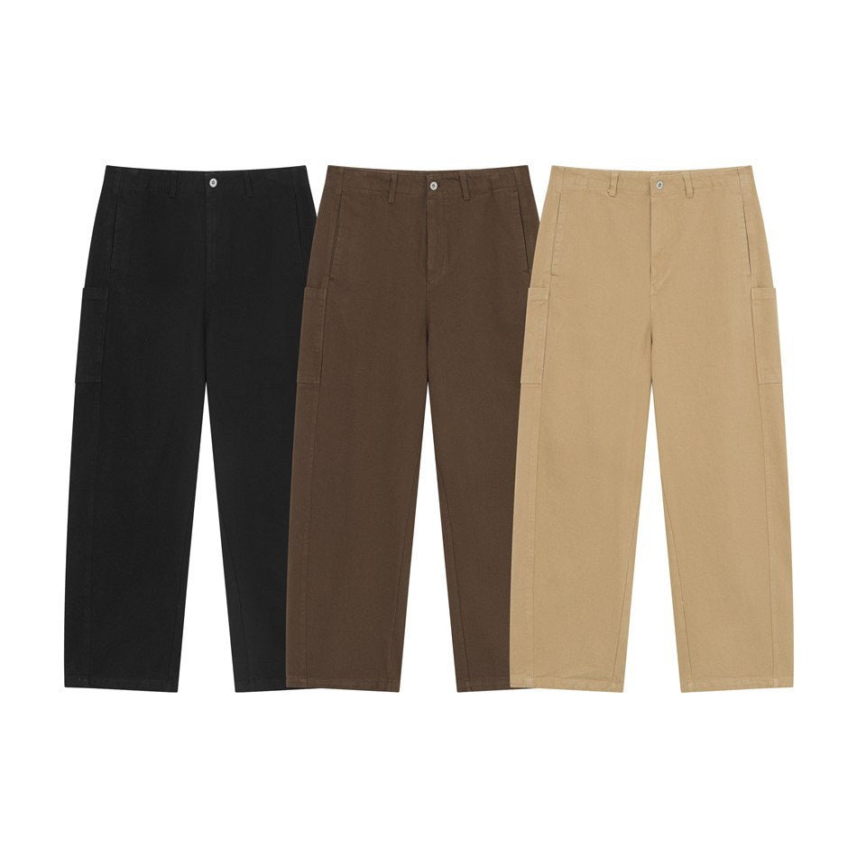 Three pairs of straight-leg utility trousers shown from the front in black, dark brown and tan.