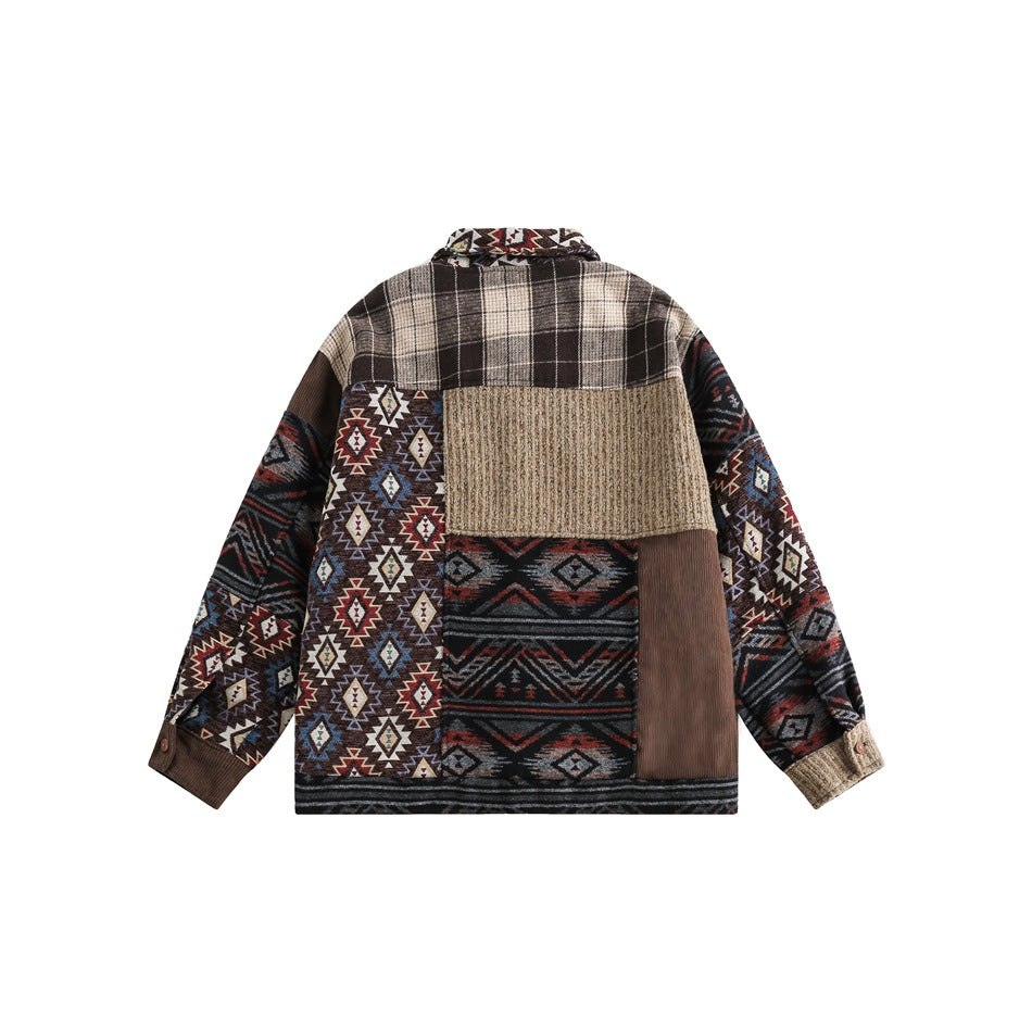 Back view of a patchwork jacket combining plaid, tan textured panels, and dark geometric patterns in red, blue, and cream.