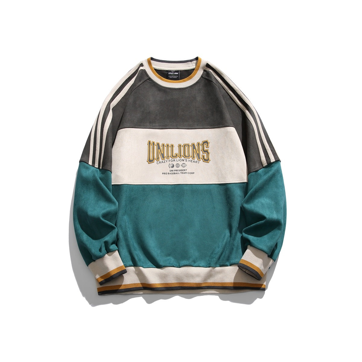 Teal, cream and dark gray color-block crew-neck sweatshirt with striped trim and UNILIONS chest print, flat lay