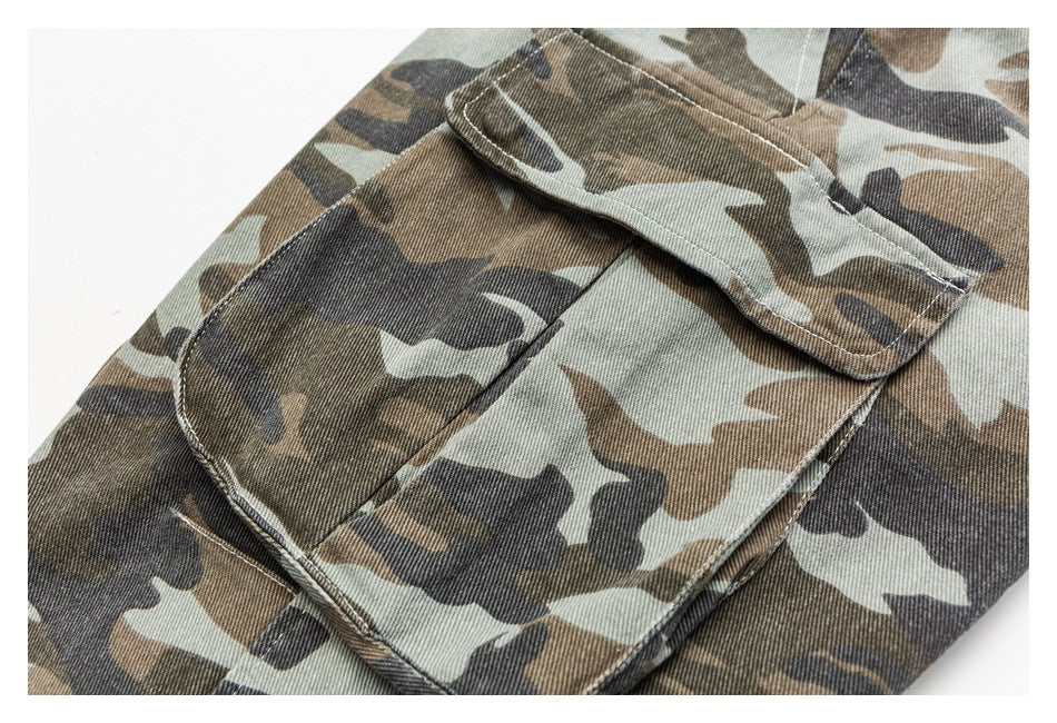Close-up of a flap cargo pocket on camouflage trousers.