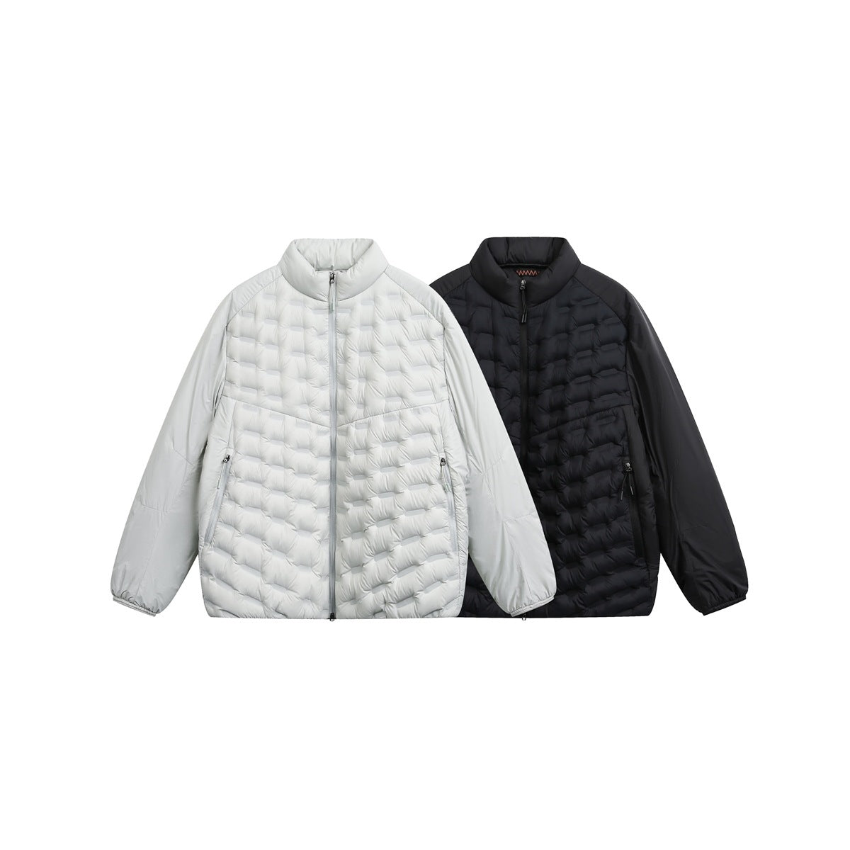 Front views of two quilted zip-up jackets in light gray and black, with stand collars and side pockets.