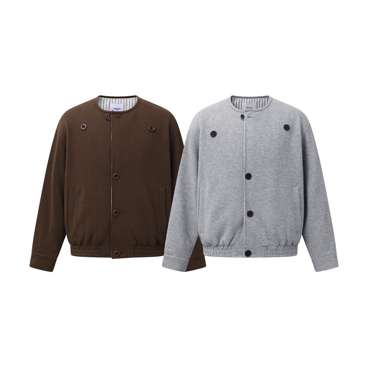 Two button-front jackets shown from the front: one dark brown and one light gray, both with elastic hems and side pockets.