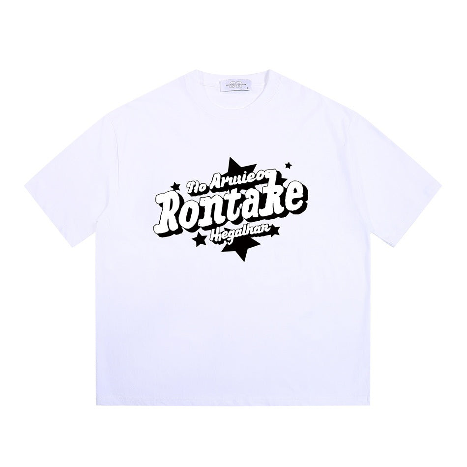 White short-sleeve crew-neck T-shirt with black Rontake lettering and star graphic on the front