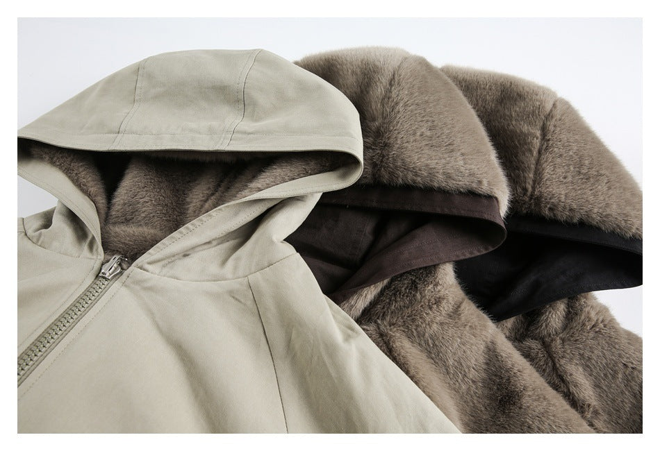Close-up of hood interiors and fuzzy lining on light beige, brown, and black jacket colorways.