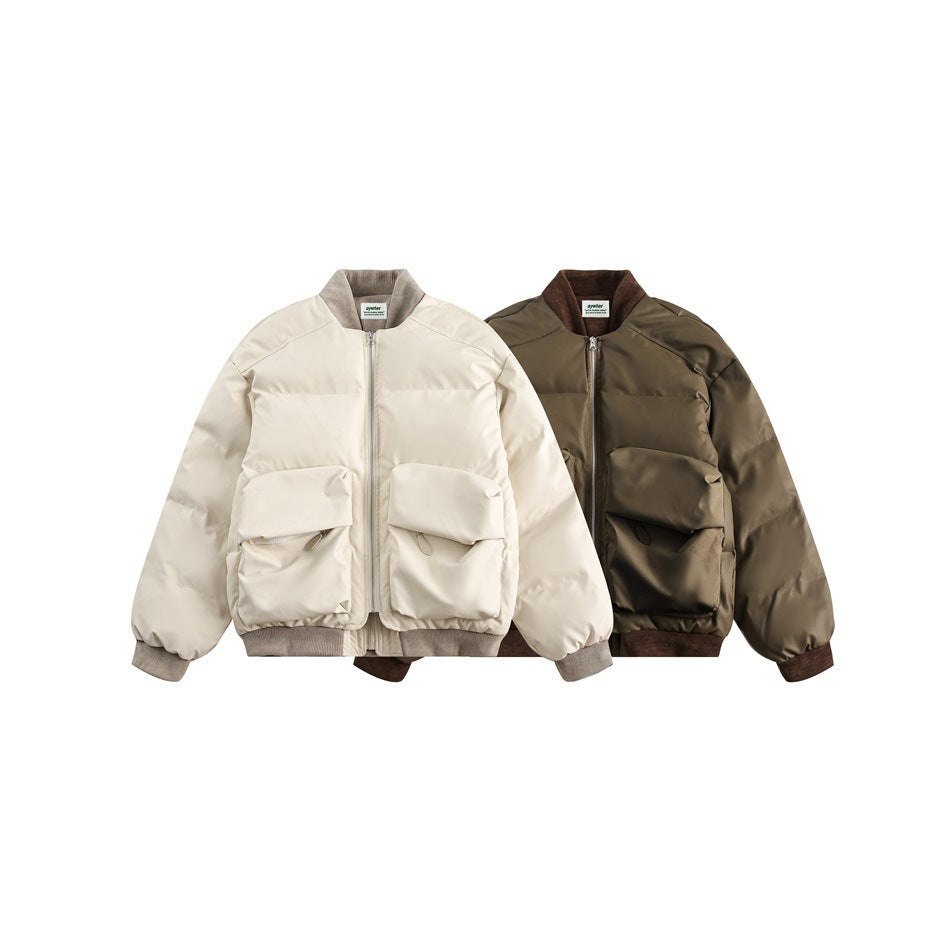Two front-view quilted puffer jackets with zip fronts and large pockets, in off-white and olive brown.