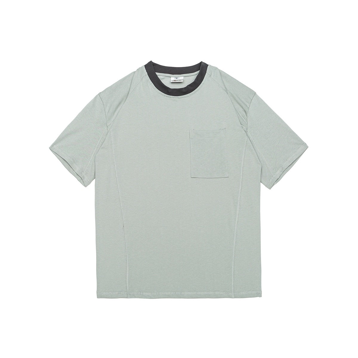 Light gray-green short-sleeve crew-neck T-shirt with dark charcoal collar and chest patch pocket, flat lay front view