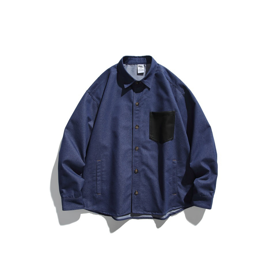 Blue denim-look button-up long-sleeve shirt with a black patch chest pocket, flat lay front view