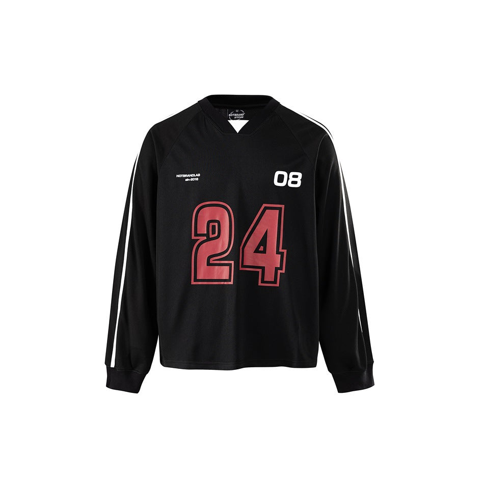 Black long-sleeve V-neck jersey top with white sleeve stripes and a red outlined 24 print on the chest