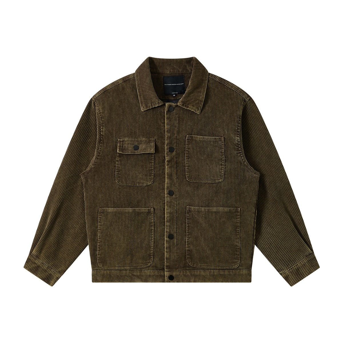 Olive-brown corduroy jacket flat lay with collar, snap front and four front pockets