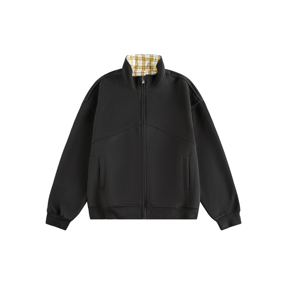 Dark gray zip-front stand-collar jacket with yellow plaid collar interior, ribbed cuffs and hem, and front pockets