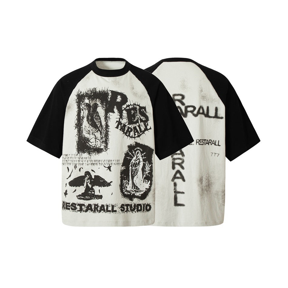 Front and back views of an off-white raglan T-shirt with black sleeves and distressed graphic prints.