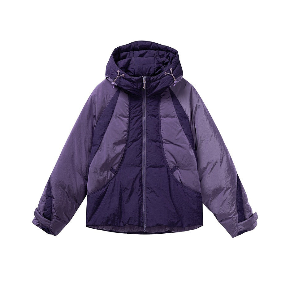 Purple two-tone hooded zip-front puffer jacket with drawcord hood, flat front view