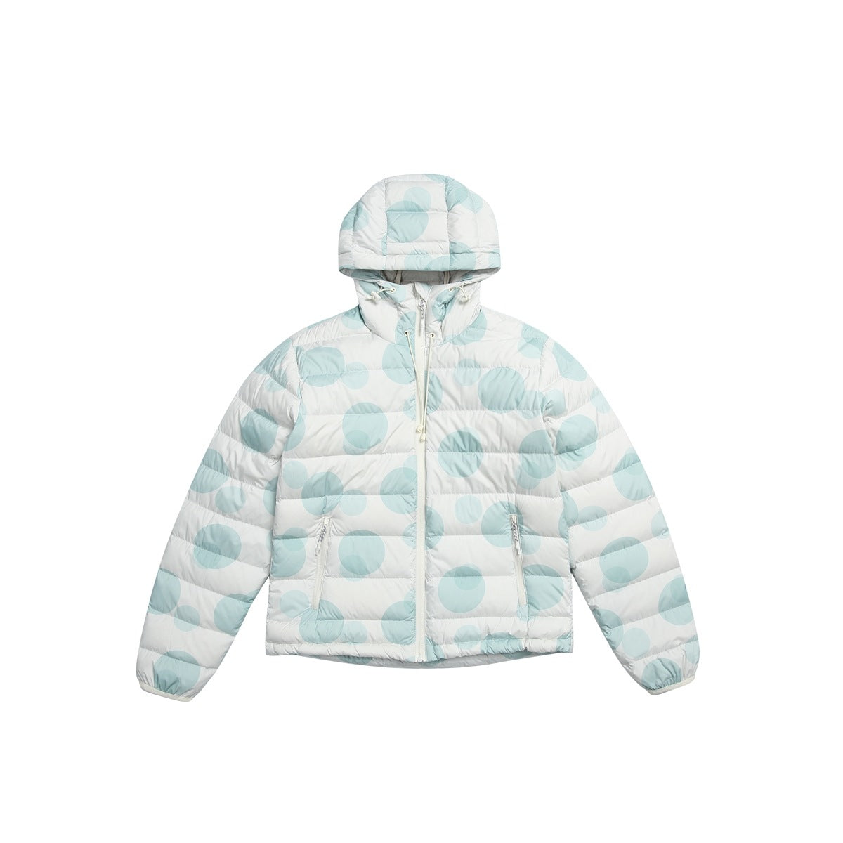 Green hooded quilted puffer jacket, front view, with light aqua polka dots on a white base and center zipper