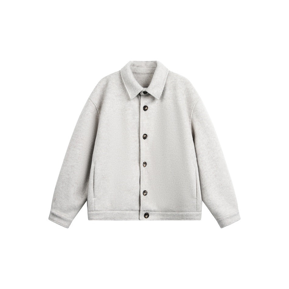 Light gray collared button-front jacket with side pockets, flat lay on white background